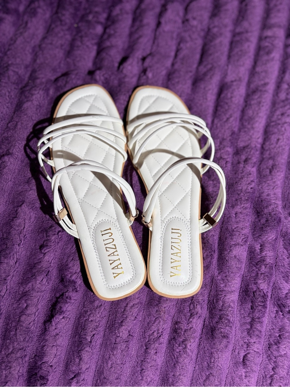 Yayazuyi White Strappy Quilted Slide Sandals
